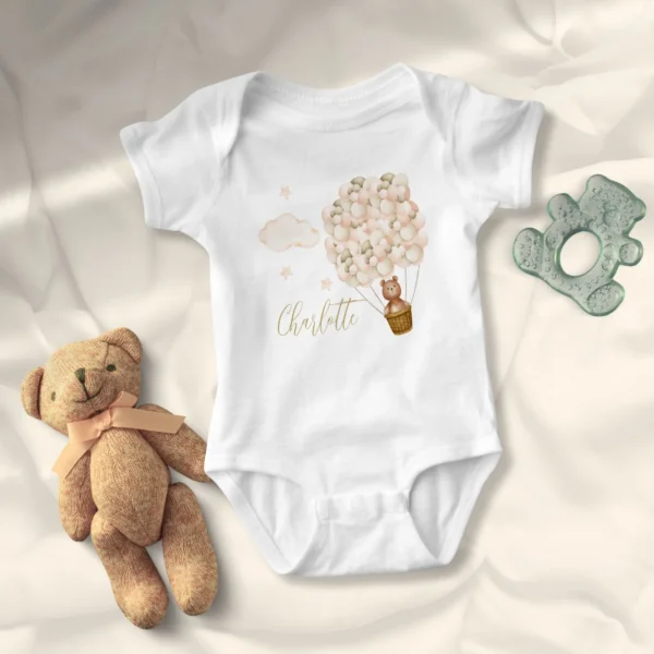 Cute Teddy Bear And Balloons Gold Script Baby Bodysuit