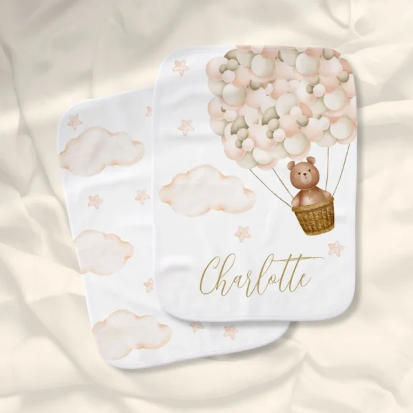 Cute Teddy Bear And Balloons Gold Script Baby Burp Cloth