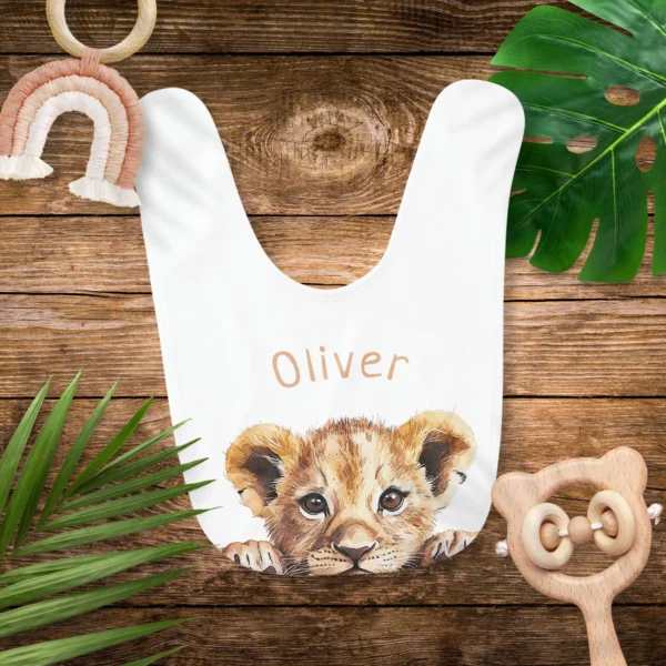 Cute Watercolor Baby Lion Name Baby Bib