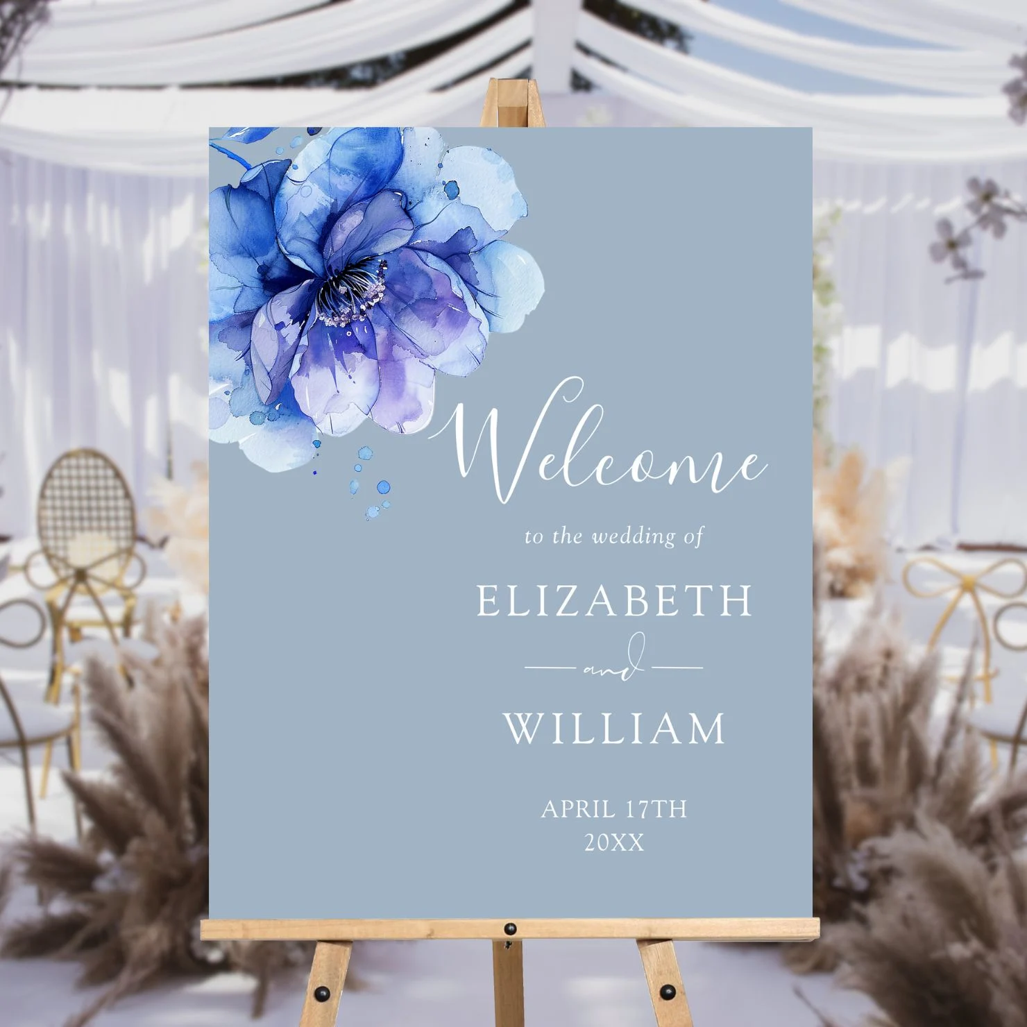Pure Piglet Dusty Blue Watercolor Floral Wedding Welcome Sign