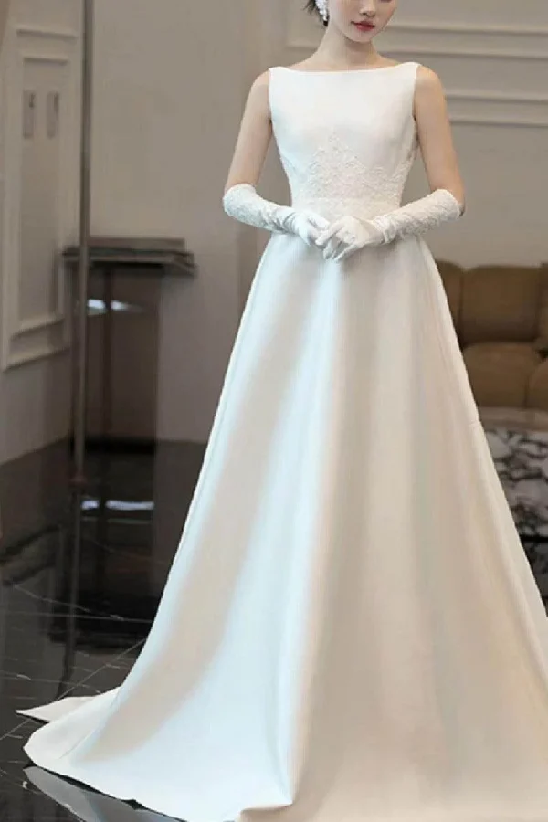 Cocomelody A-Line Chapel Train Satin Wedding Dress