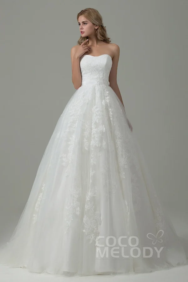 Cocomelody A-Line Court Train Tulle and Lace Wedding Dress