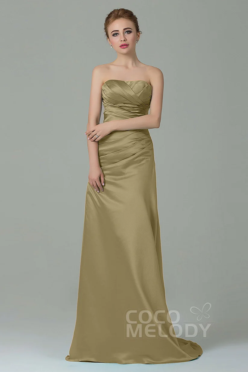 Cocomelody Sheath-Column Sweep Train Satin Bridesmaid Dress