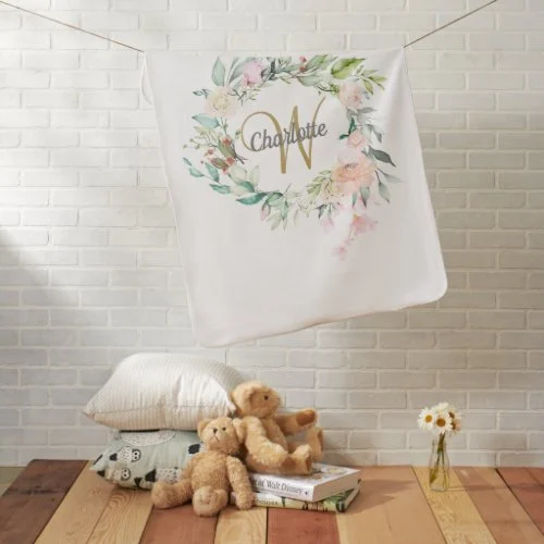 Cute Floral Roses Monogram Baby Blanket