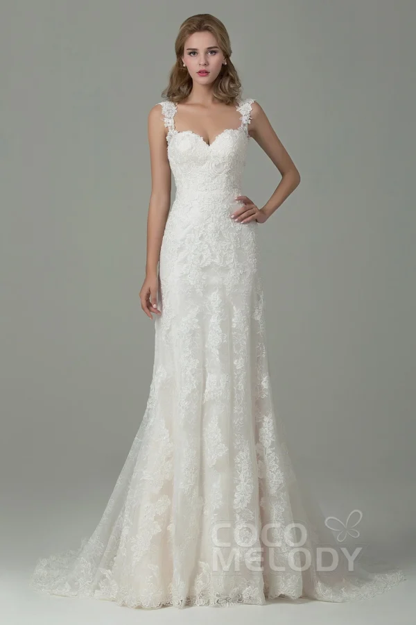 Cocomelody Sheath-Column Court Train Lace Wedding Dress