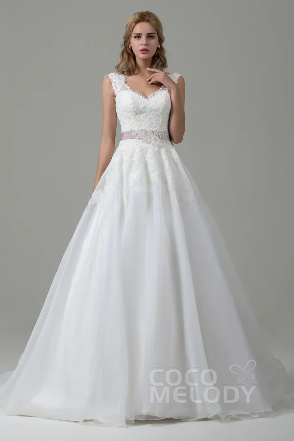 Cocomelody A-Line Court Train Lace and Organza Wedding Dress