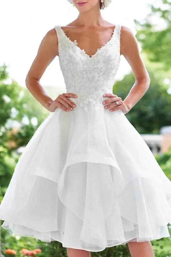 Cocomelody A-Line Midi Appliques Tulle Little White Dress