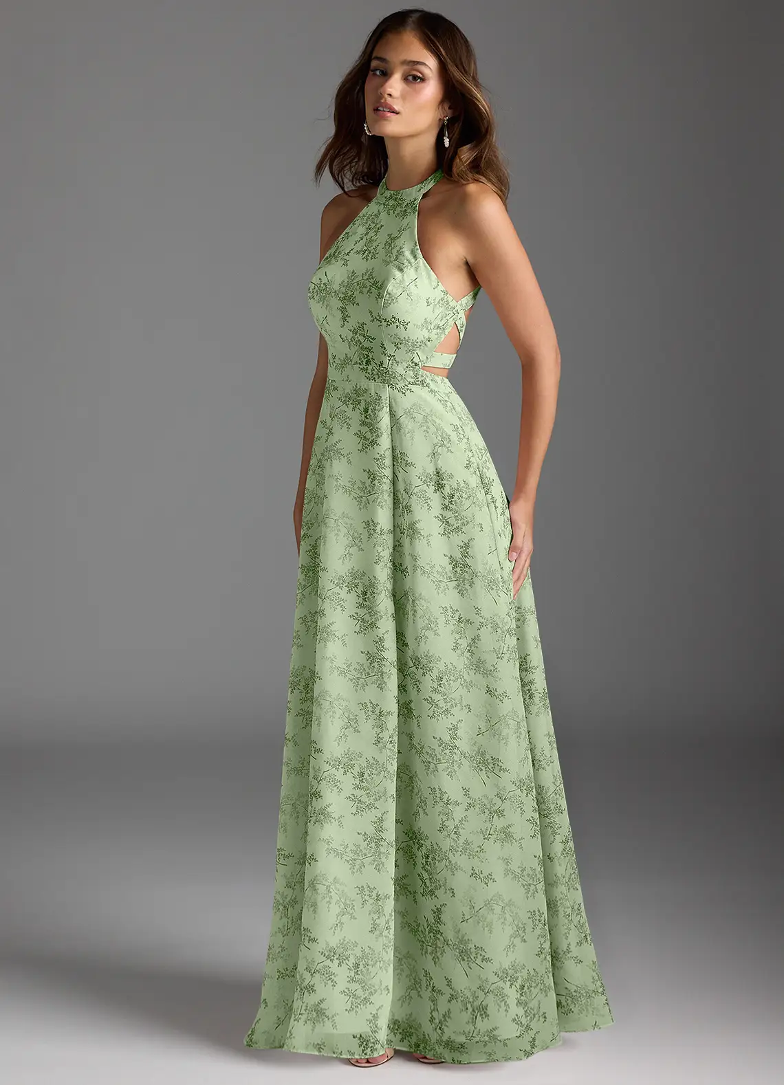 AZAZIE CLARICE Green Fern Floral A-Line Halter Chiffon Dress