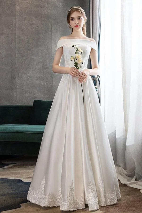 Cocomelody A-Line Floor Length Satin Wedding Dress