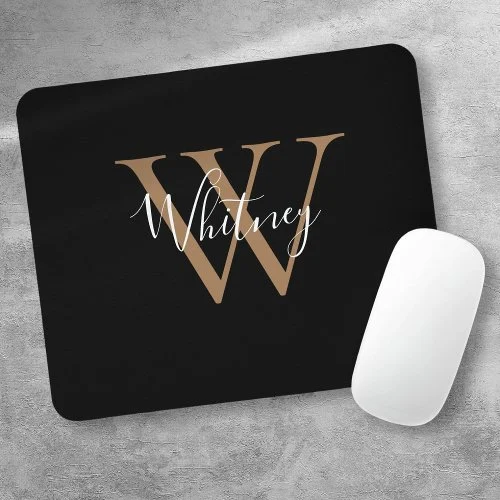 Elegant Black Gold Monogram Script Name Mouse Pad