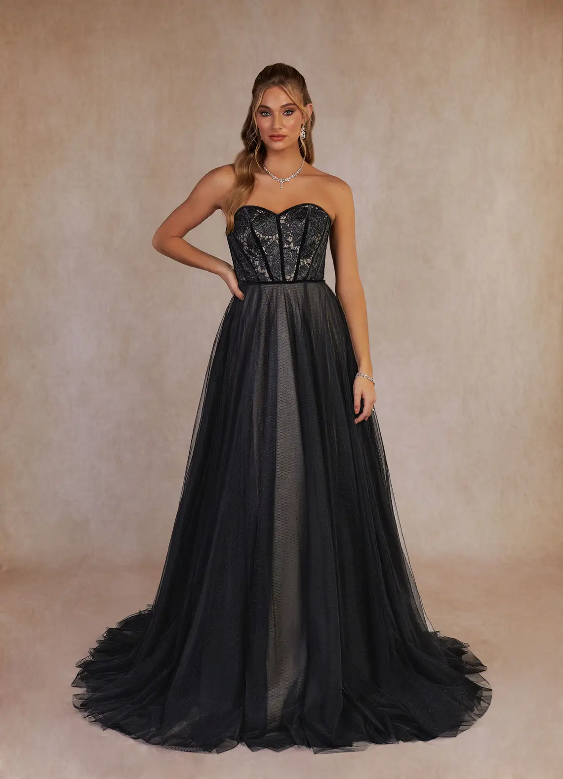 Black Champagne Ball-Gown Lace Tulle Dress