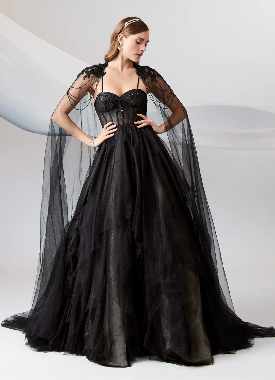 Black Champagne A-Line Sequins Tulle Dress