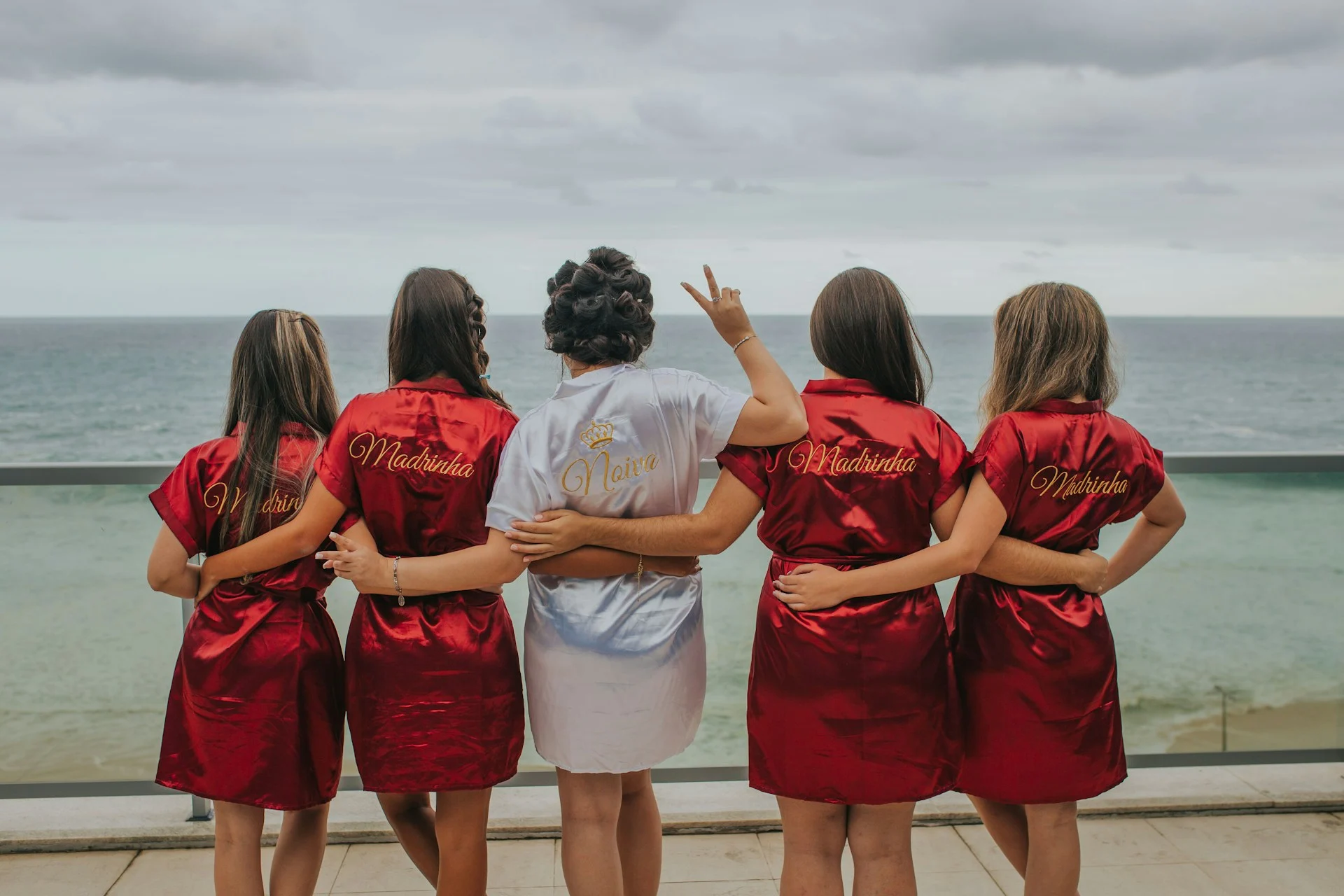 Bachelorette bridal party photo with morning gowns