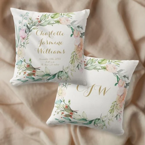 Floral Monogram Baby Birth Stats Nursery Throw Pillow