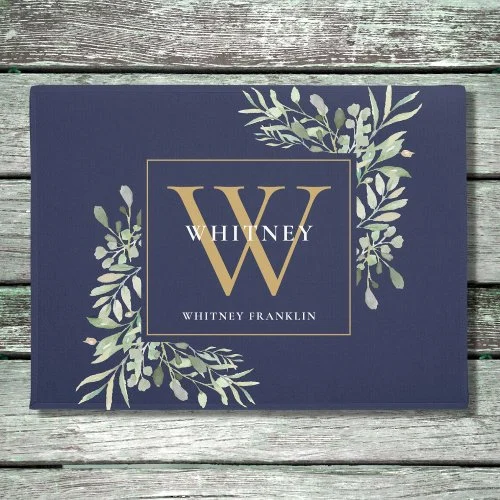 Gold Monogram Greenery Floral Navy Blue Doormat