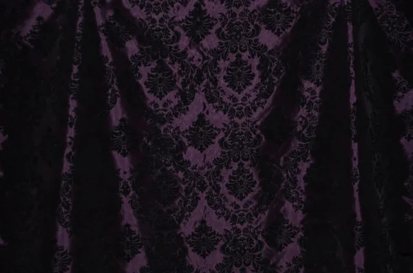 Plum Damask Taffeta Fabric with Velvet Flocked Design