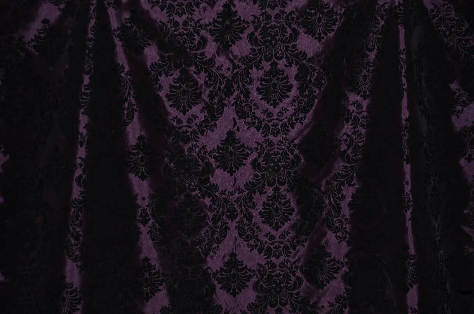 Plum Damask Taffeta Fabric with Velvet Flocked Design