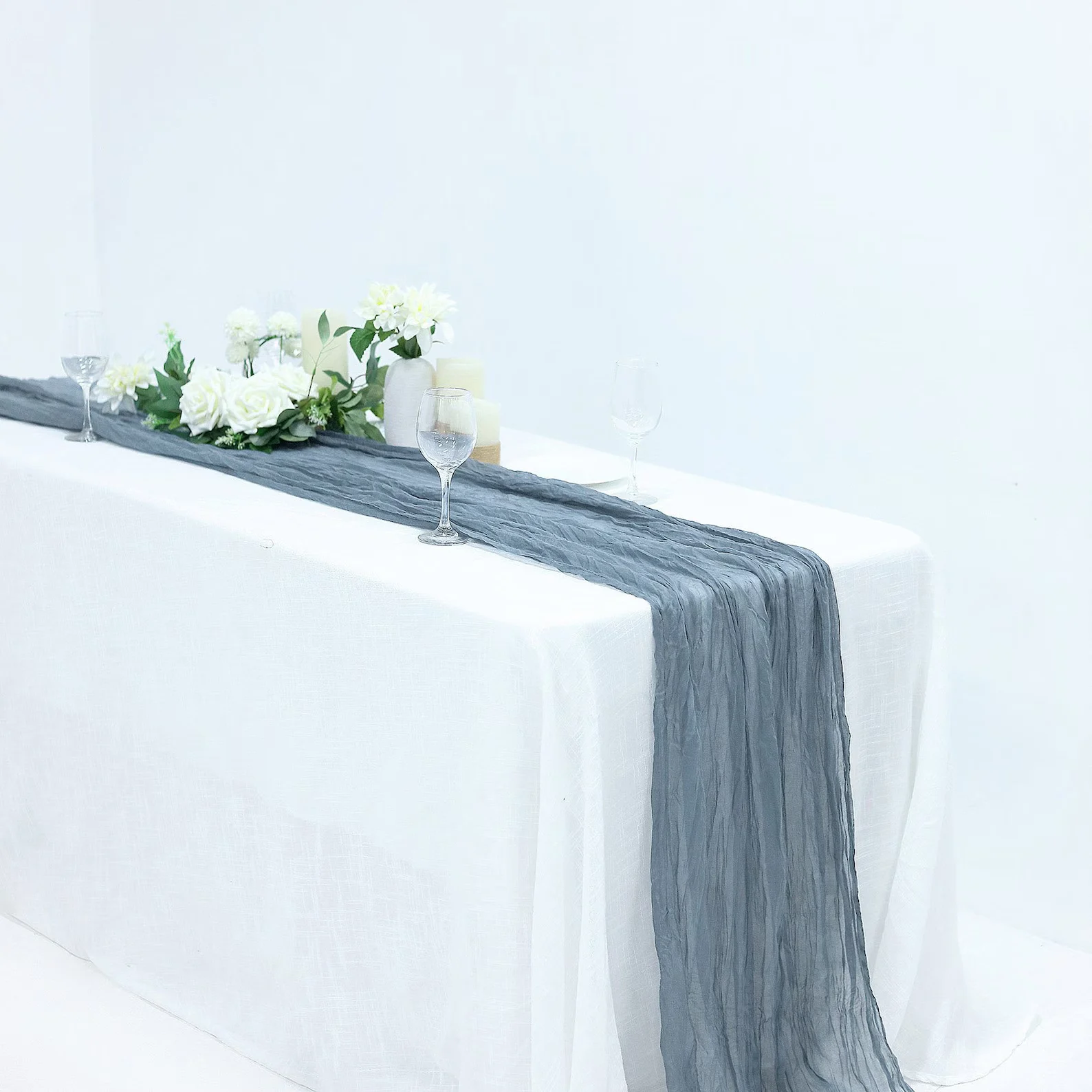 10ft Dusty Blue Gauze Cheesecloth Table Runner