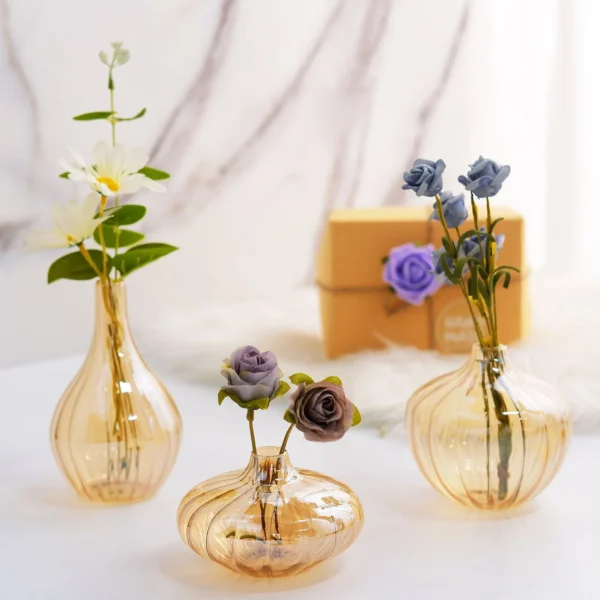 Set of 3 | Glass Flower Vases, Floral Ribbed Vases, Decorative Bud Vases, Centerpiece Vase For Decor - Gold