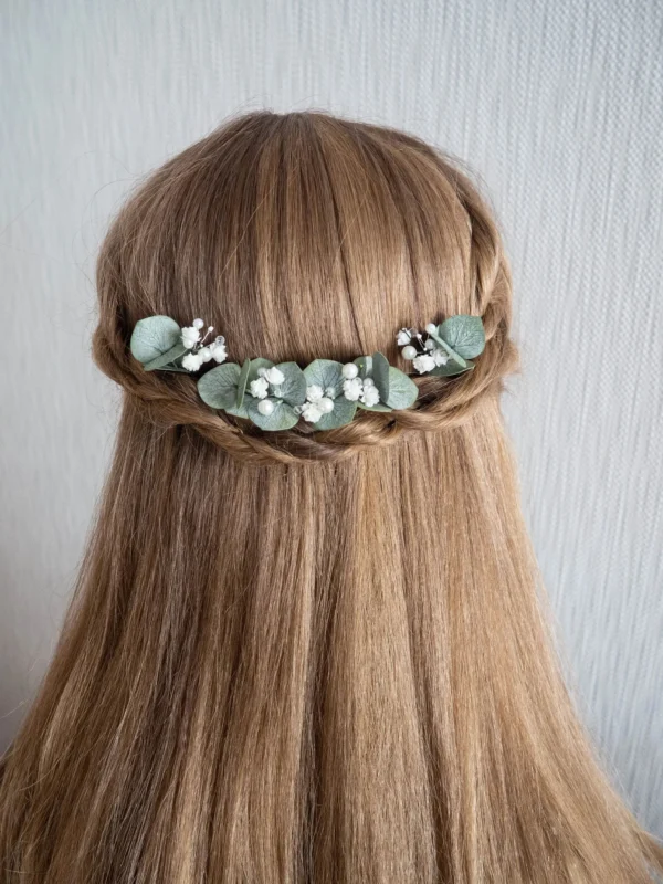 Eucalyptus Pearl Bridal Hair Piece In Situ