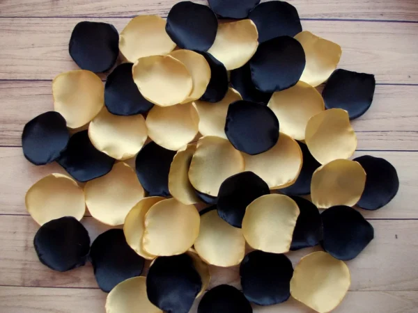 Black & Gold Satin Rose Petals: Wedding Aisle Decor