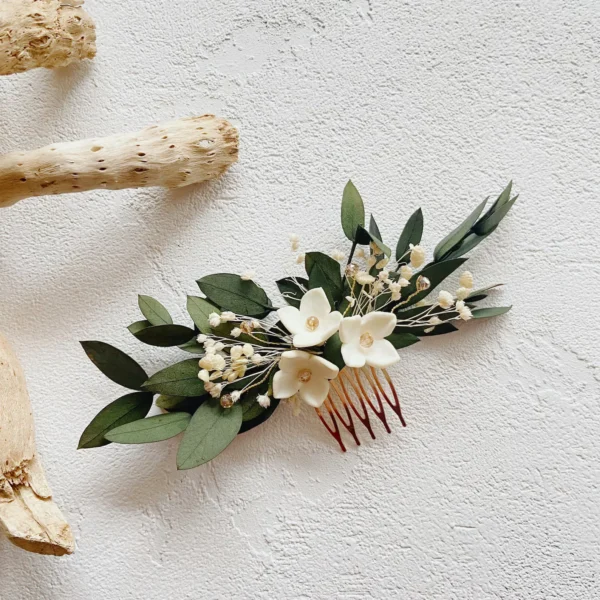 Eucalyptus & Porcelain Flower Hair Comb