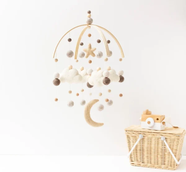 Etsy Beige and Tan Baby Mobile - Gender Neutral Crib Mobile - Moon and Clouds and Star Cot Mobile - Boho Nursery Mobile - Felt Pom Pom Decor