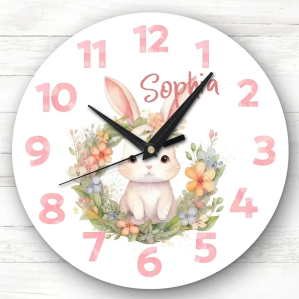 Watercolor Floral Rabbit Girls Baby Nursery Room Personalized Clock
