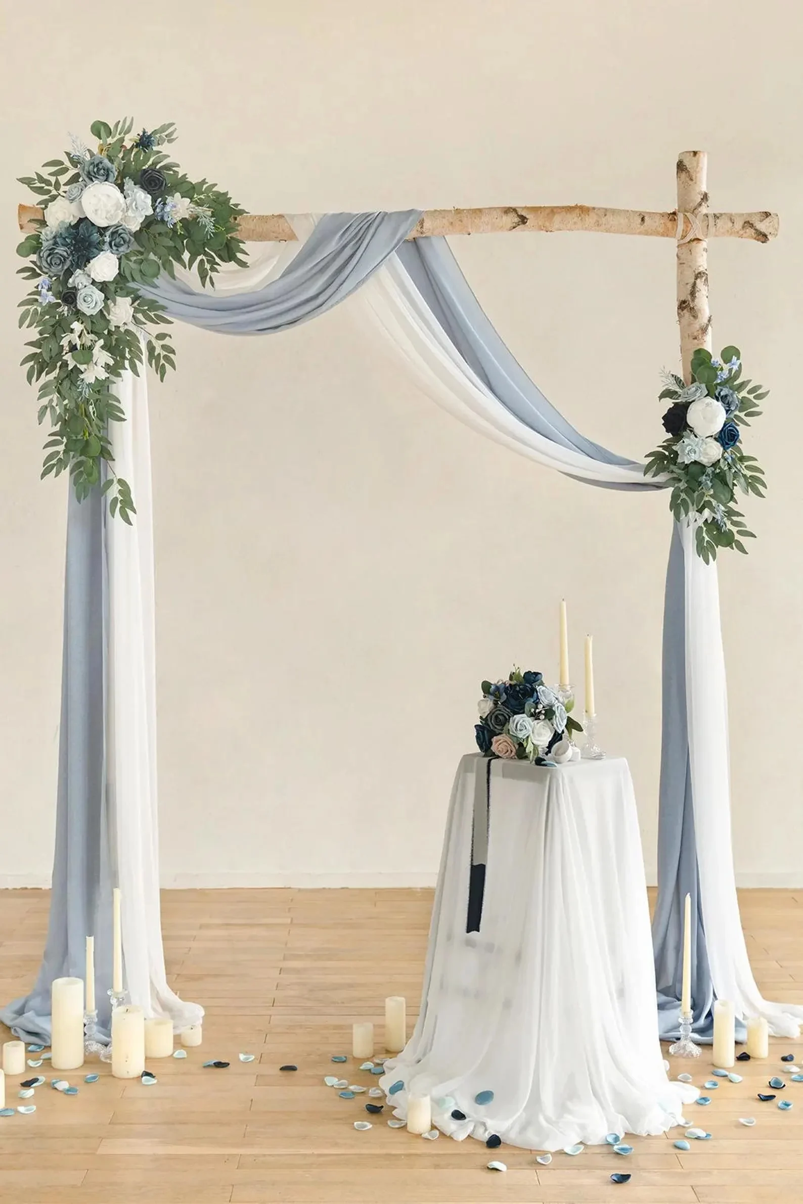 Flower Arch Decor With Drapes In Dusty Blue and Navy