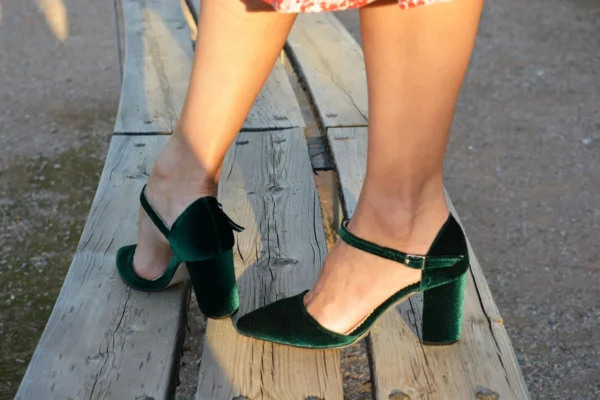 Emerald Green Velvet Block Heel Pumps