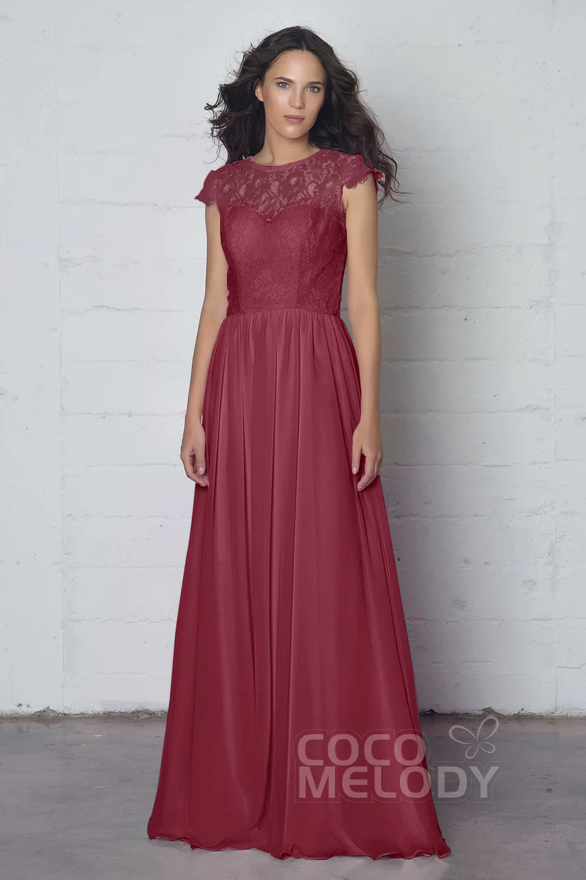 Cocomelody Sheath-Column Floor Length Lace and Chiffon Dress