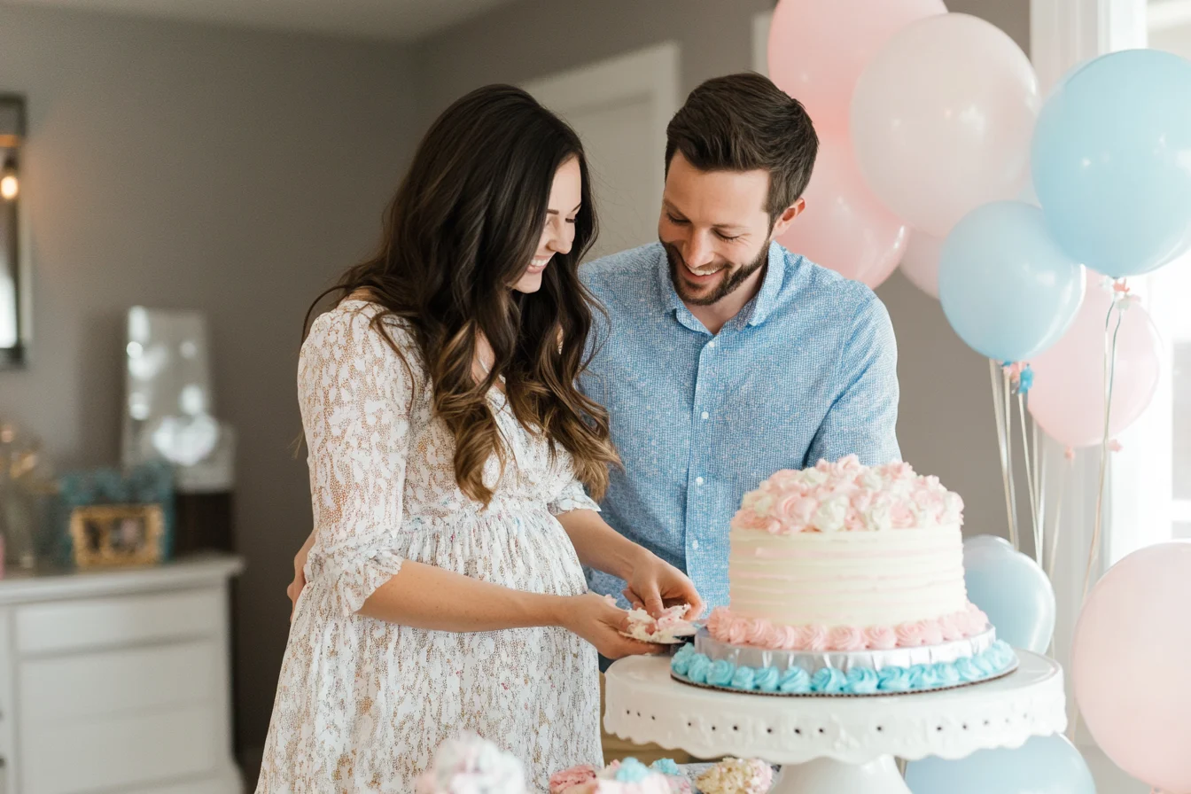 Couple cutting a gender reveal cake