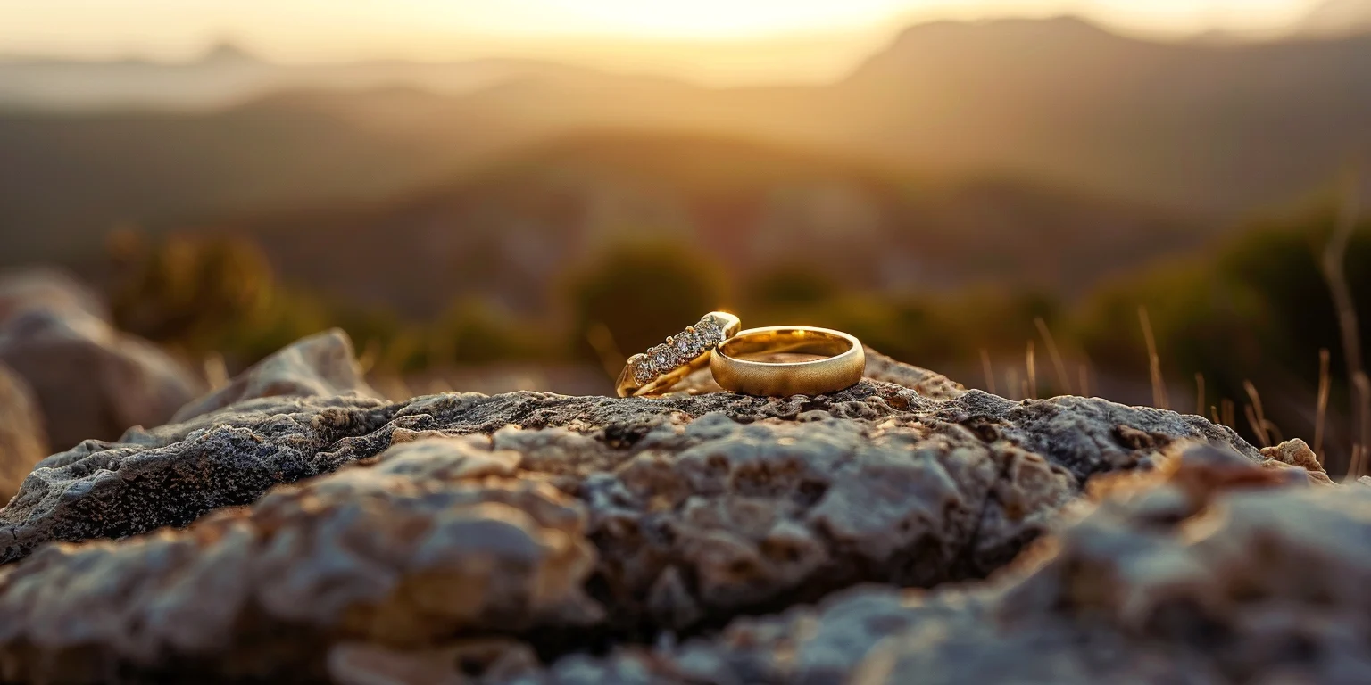 Wedding rings sitting on a rock with a scenic backdrop