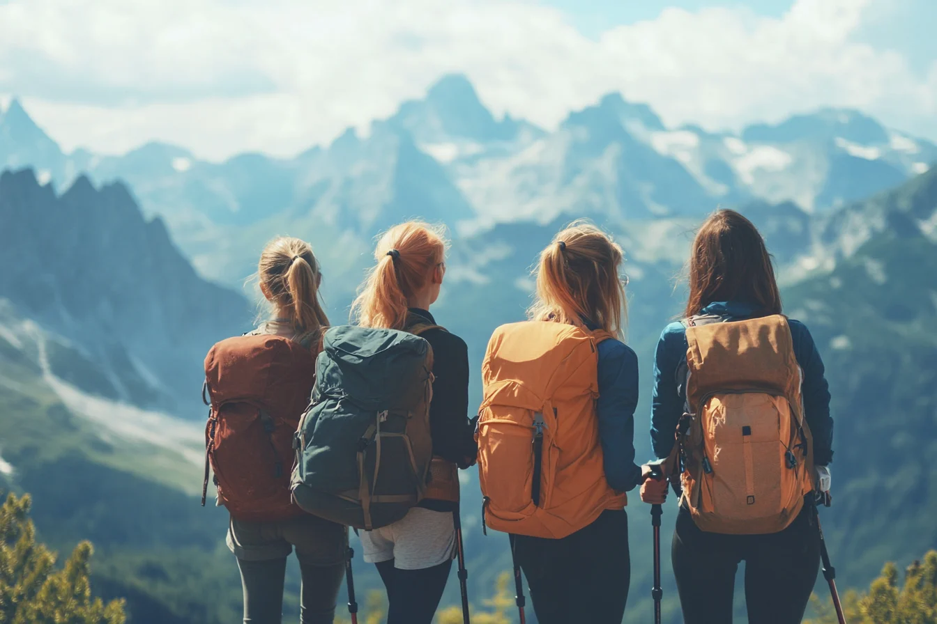 Group of women admiring scenic view of mountains