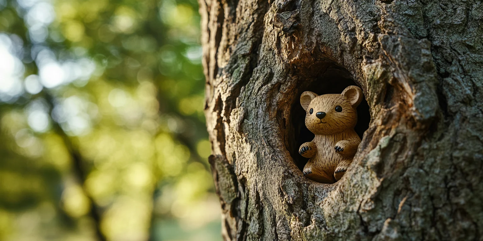 Miniature wooden squirrel sculpture inside of a tree