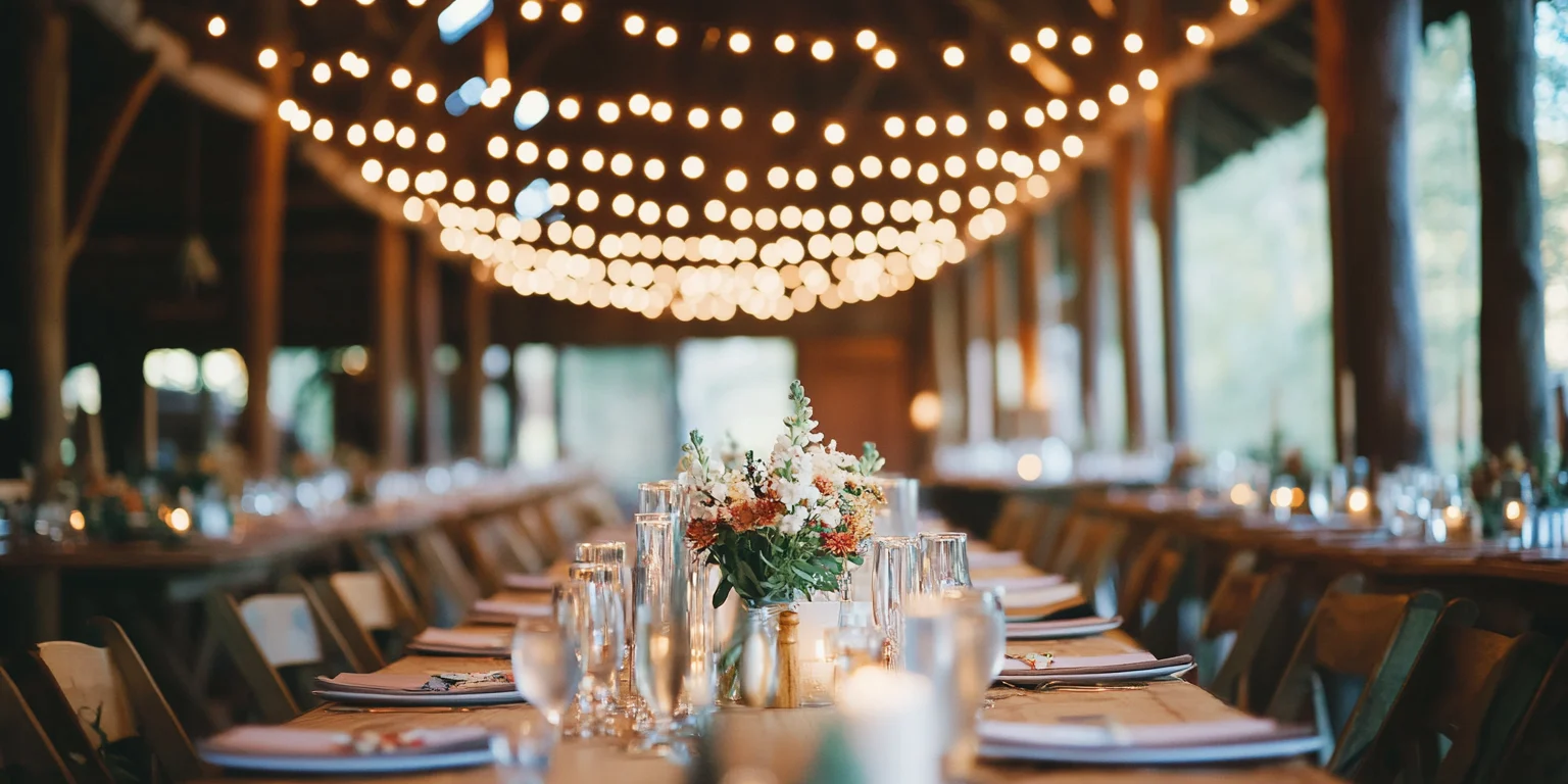 Fancy indoor barn wedding celebration with string lights