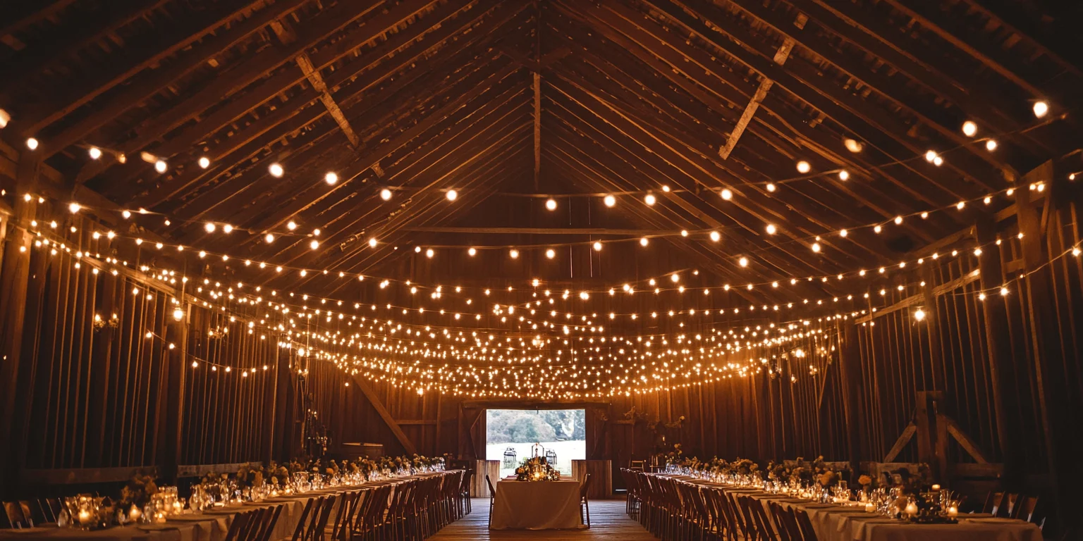 Rustic indoor barn wedding celebration setting
