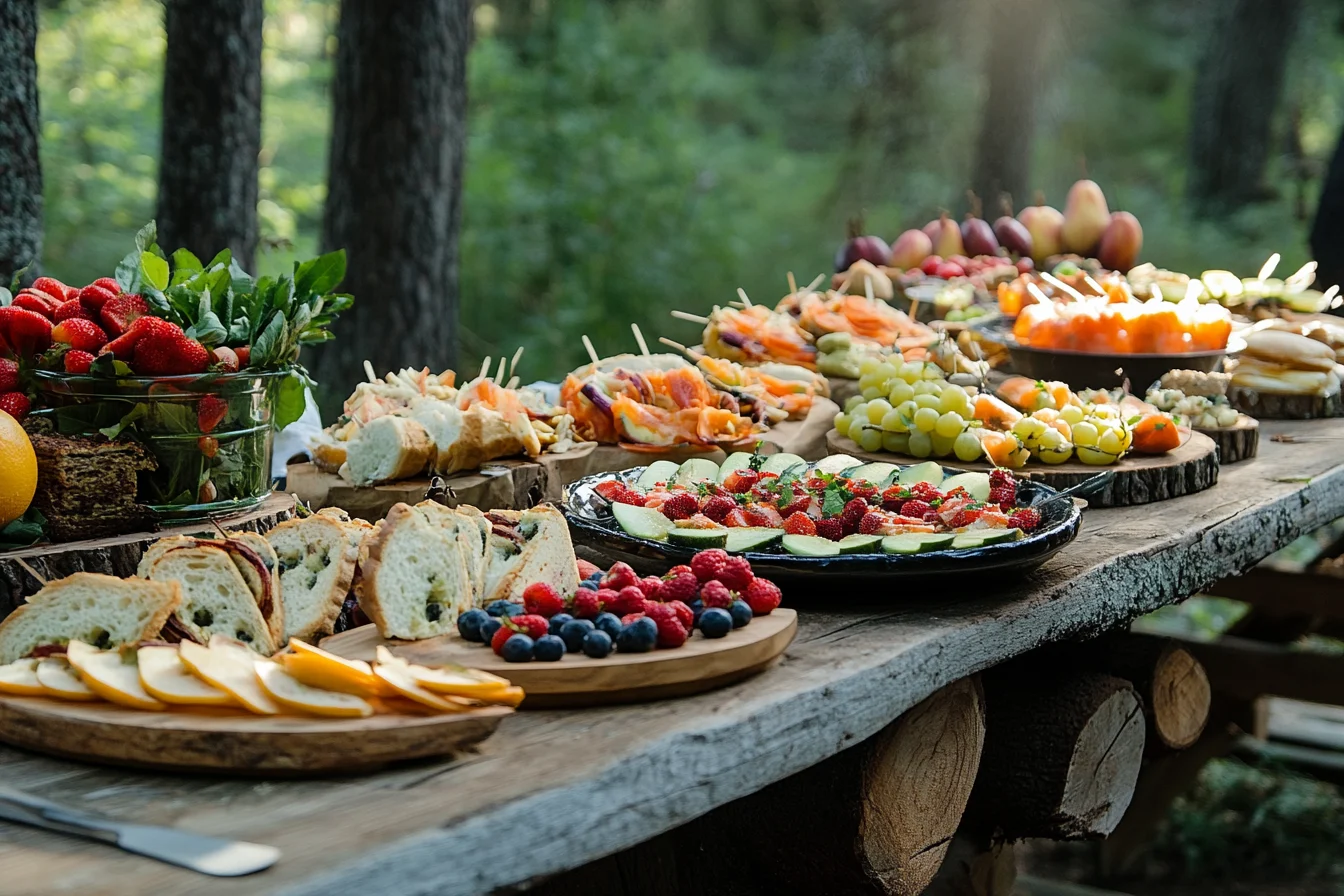 Outdoor rustic table with a variety of delicious foods 
