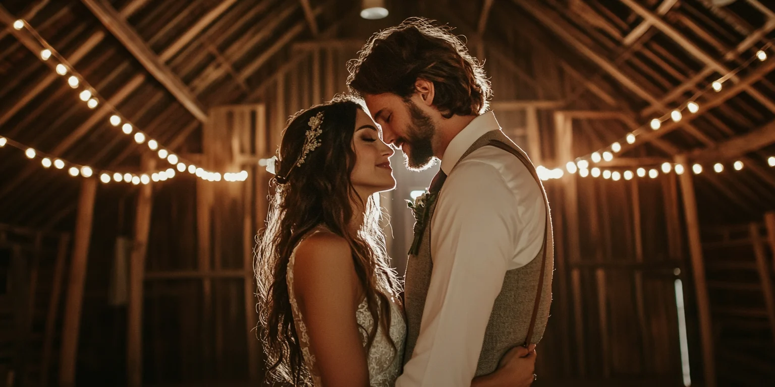 Bride and groom wedding photos inside of a rustic barn