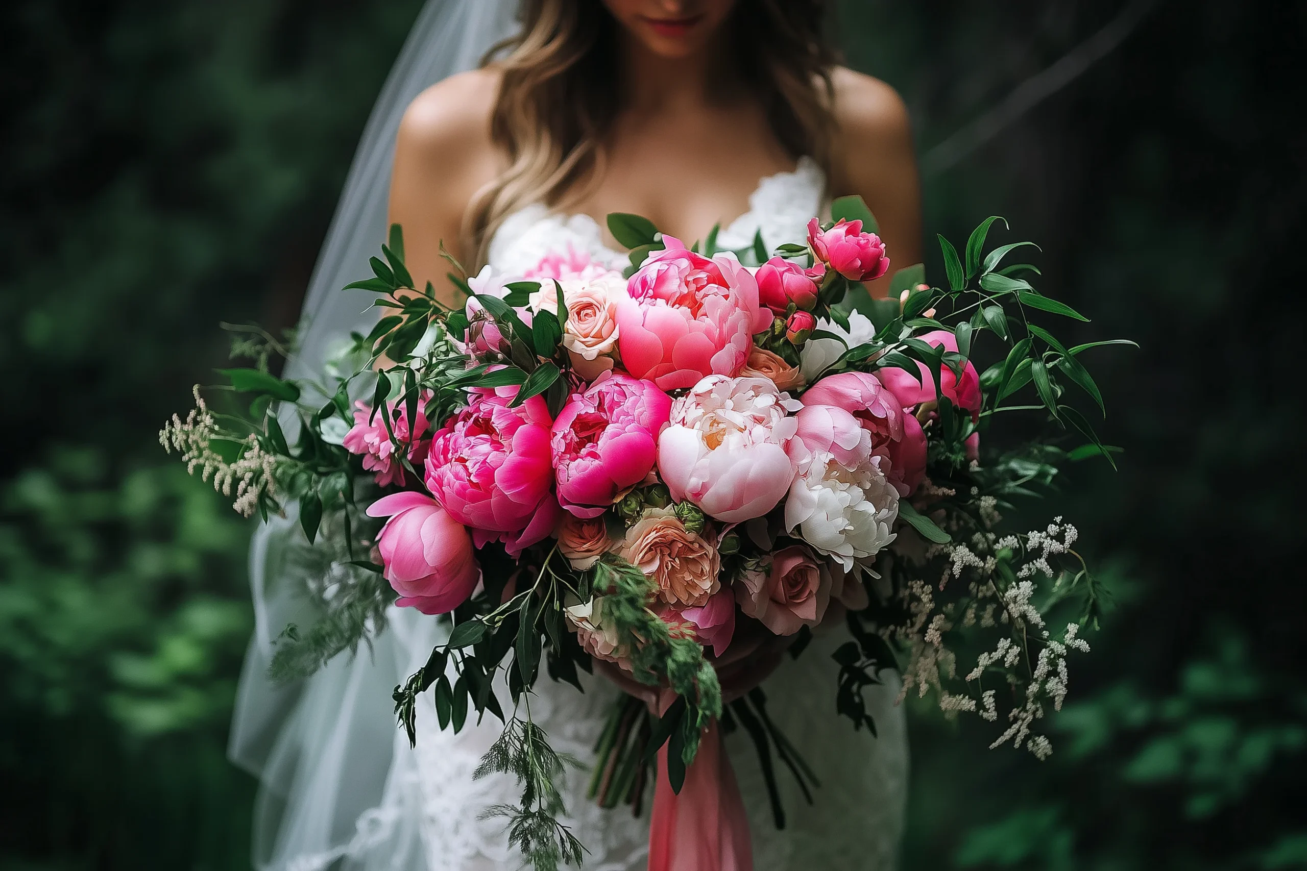 Bride holding pink floral bouquet