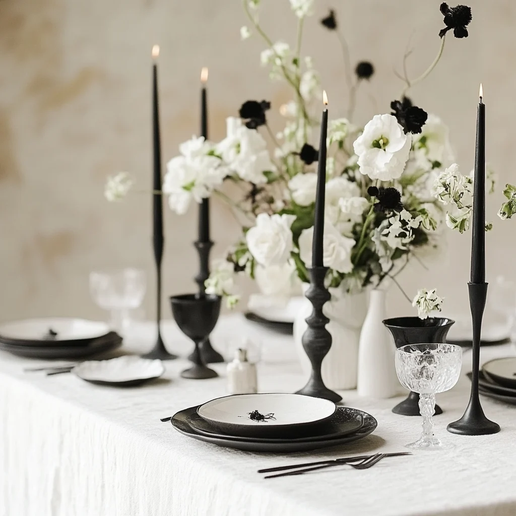 Black and white table decor, black candle sticks and white linen tablecloth