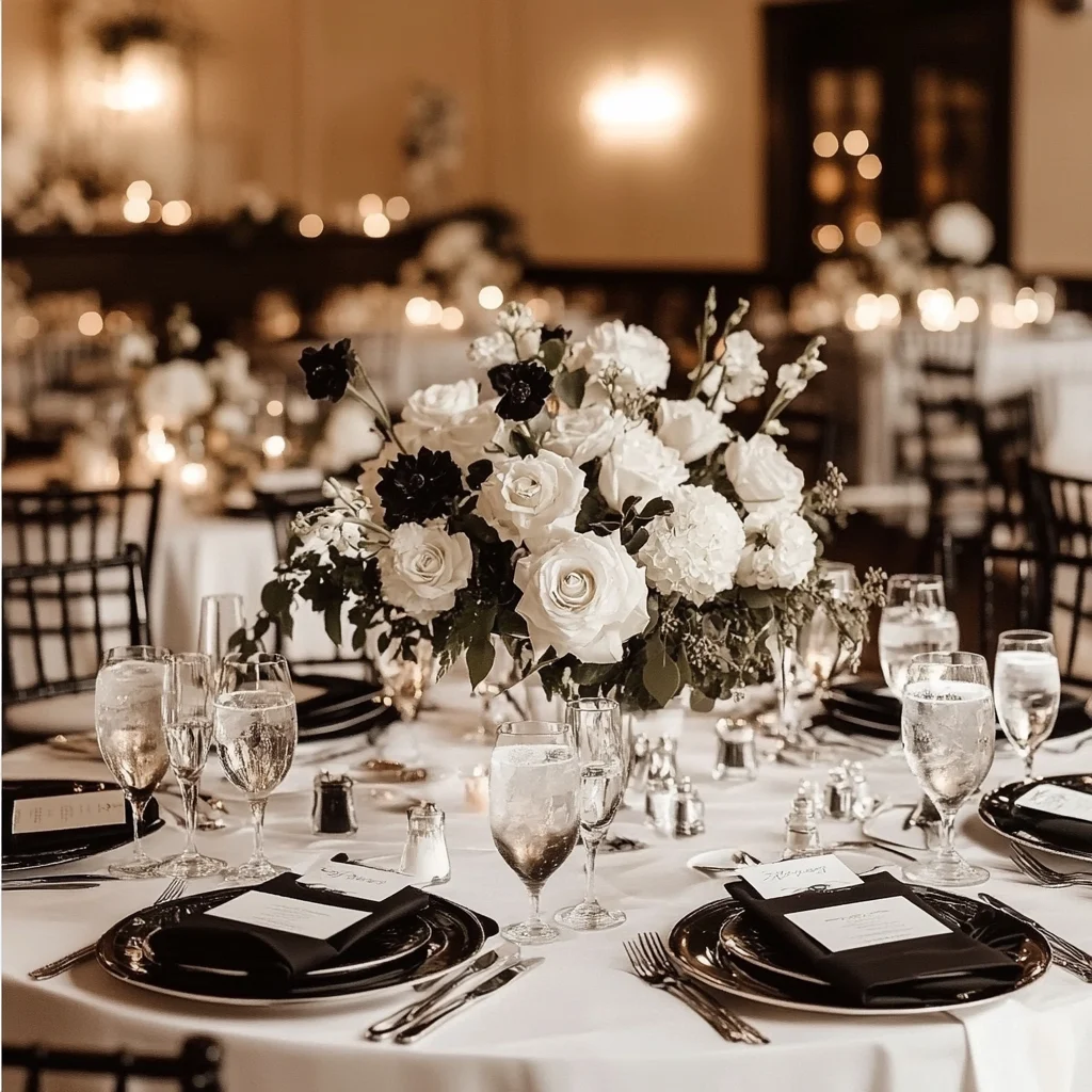 Elegant Black And White Wedding Floral Table Decor