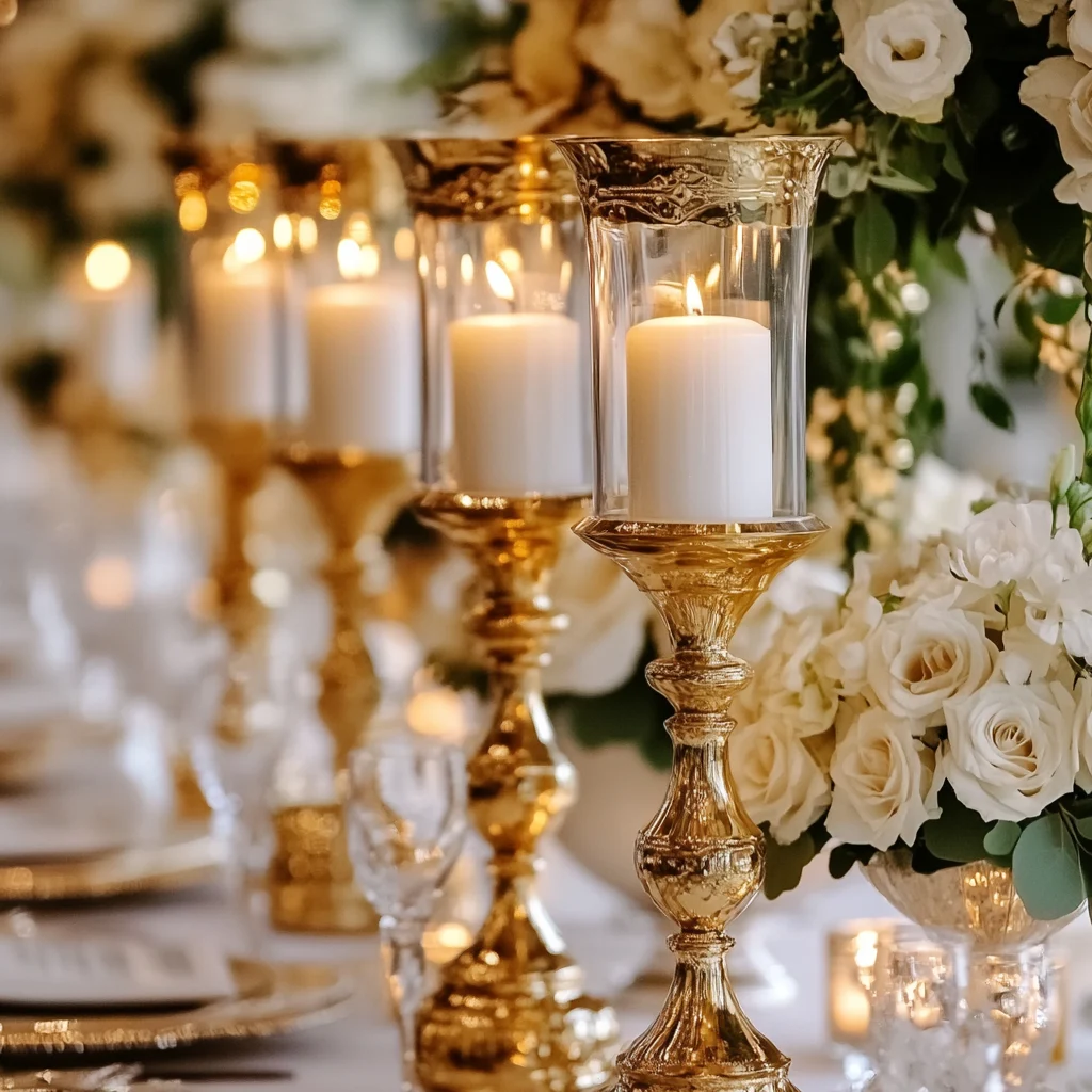 Gold candlestick holders on an elegant wedding table