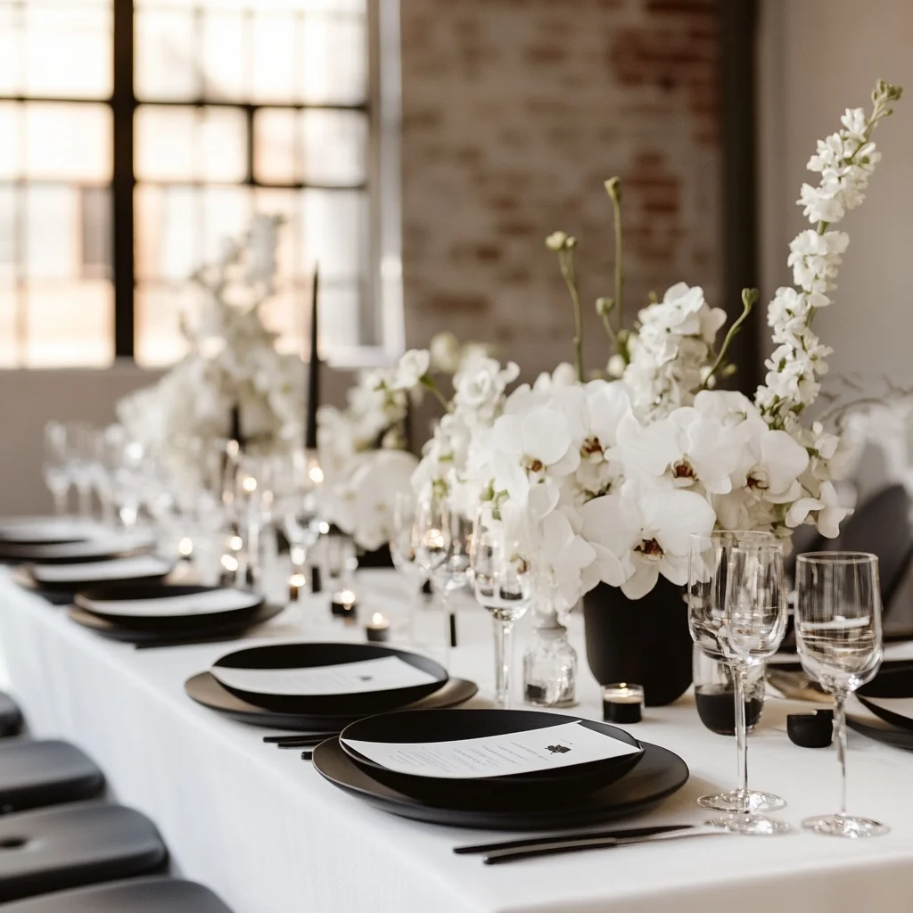 Elegant Minimalist Monochrome Black And White Wedding Table
