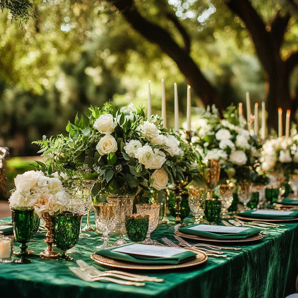 Outside garden wedding with emerald green decor