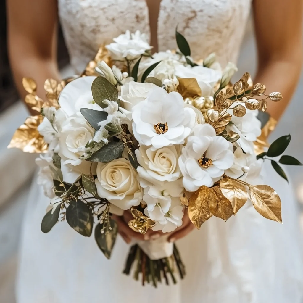 Bride holding a white and gold wedding flower bouquet