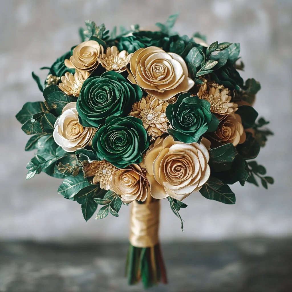 Emerald and gold wedding flower bouquet