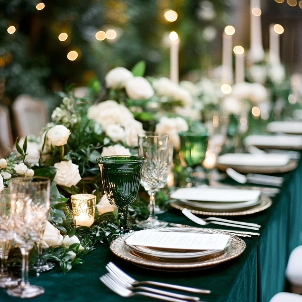 Outside emerald green themed wedding decor