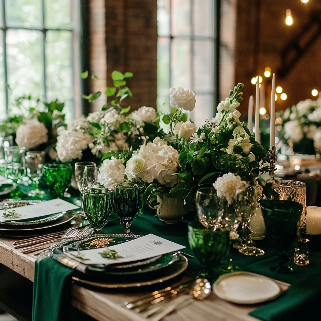 Lush floral emerald green wedding table