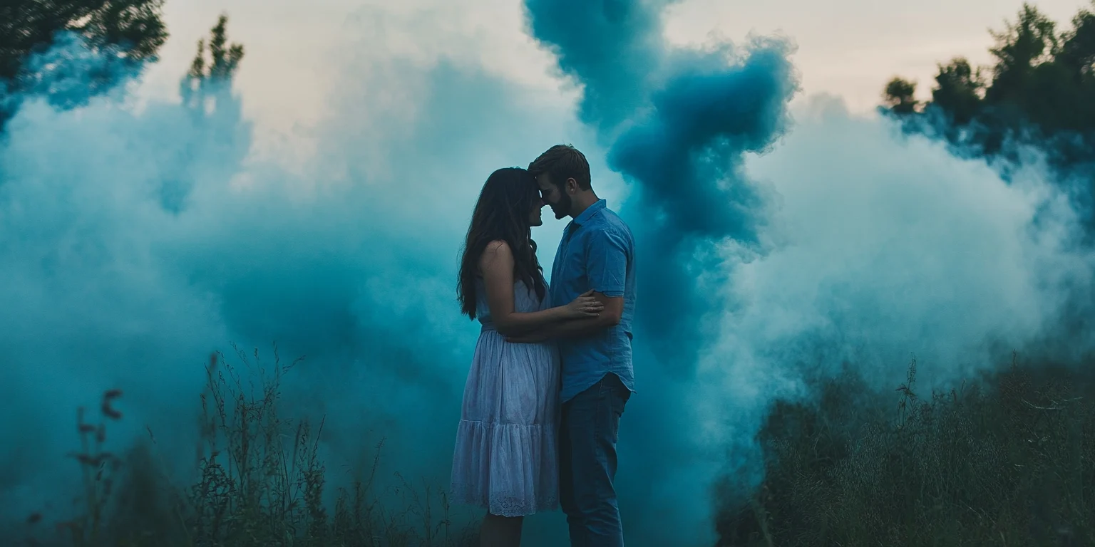 Couple taking a photo at a gender reveal party